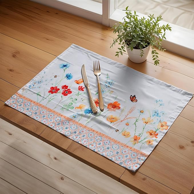 Maison d' Hermine Placemats Set of 4 100% Cotton Washable Cloth Place Mats, Reusable Table Mats for Kitchen Dining Decoration, Party, Wedding, Restaurant Spring/Summer (Summer Whisper, 13" x 19")