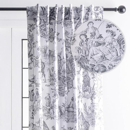 Maison d' Hermine Curtains for Living Room 100% Cotton 96 inch Length One Panel Light Filtering Toile Curtains with Rod and Loop Pockets (The Miller Paloma Gray (White Background), 50" W x 96" L)