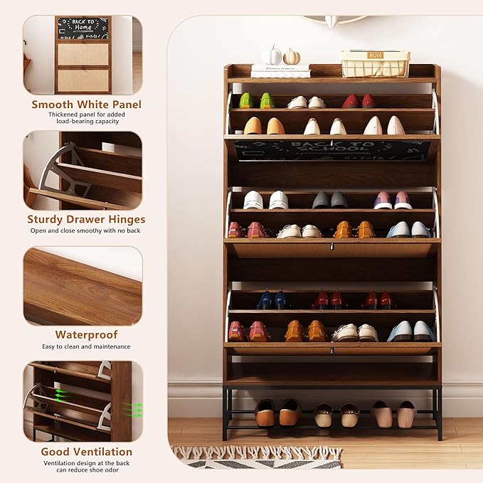 AVZEAR Narrow Shoes Cabinet with 3 Flip Drawers, Free Standing Shoe Racks Organizer Farmhouse Tipping Bucket with Blackboard, Entryway Hallway Storage, Walnut
