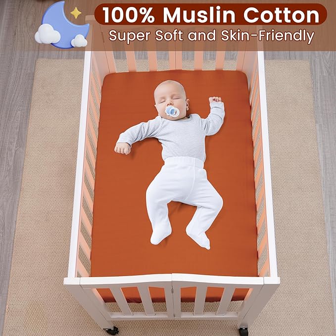 Muslin Mini Crib Sheets, 2 Pack Cotton Pack N Play Sheets for Boys Girls Neutral, Soft Breathable Baby Sheets Fit Pack N Play, Playard and Mini Crib Mattresses, Brown & Grey