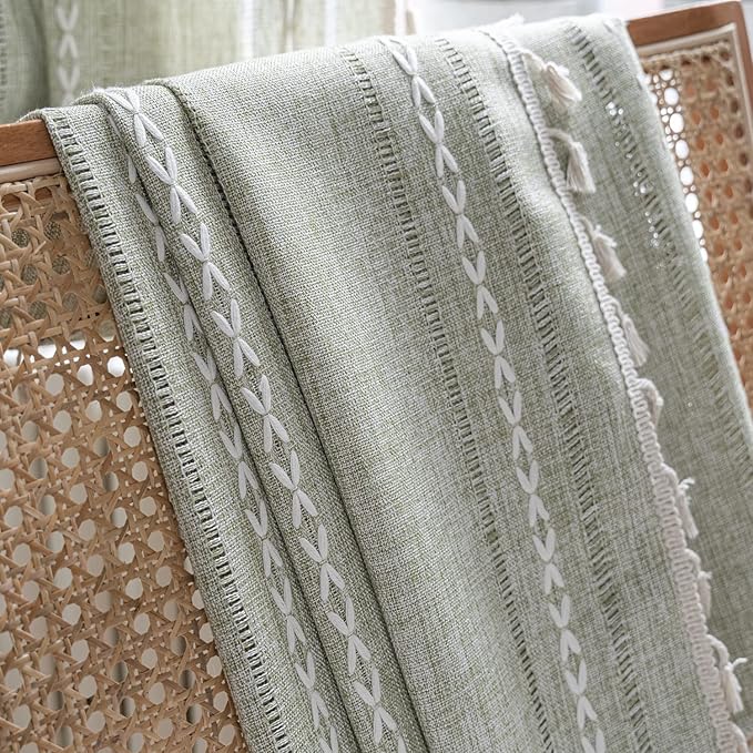 ColorBird Sage Green Boho Curtains for Bedroom 63 inch Length, 2 Panels Farmhouse Linen Curtains Living Room Darkening Drapes, Embroidered Country Window Curtain for Dining Nursery Closet