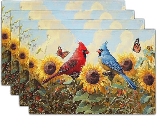Giwawa Sunflower Birds Placemats Set of 4, Summer Sun Flower Butterflies Linen Place Mat 12x18 Inch, Farmhouse Floral Washable Table Mats Kitchen Dining Tabletop Party Picnic Decor