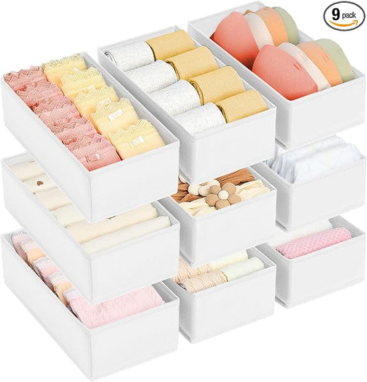 DIMJ Drawer Organizer Clothes - Underwear Organizer Small Sock Organizer Box Dresser Organizer,Drawer Dividers for Baby Clothes,Bra,Socks, Belt, Tie, Set of 9,White