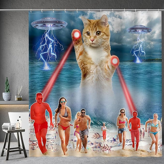 Funny Cat Shower Curtains for Bathroom - Cute Cool Ocean Cat with Weird Adults Beach UFO Fun Bath Shower Curtain Set with 12 Hooks for Adults Kids Bathroom Decor Accessories, 72"x72"
