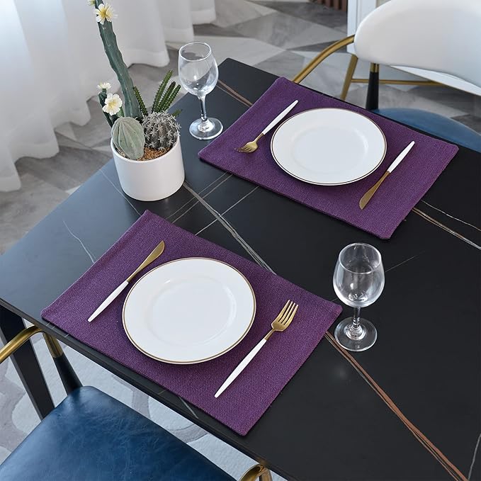 4 Piece 12 x 18 inch Soft Faux Linen Place Mats Heat Resistant Dining Table Place Mats Cloth Kitchen Table Mats 12x18 Dark Purple