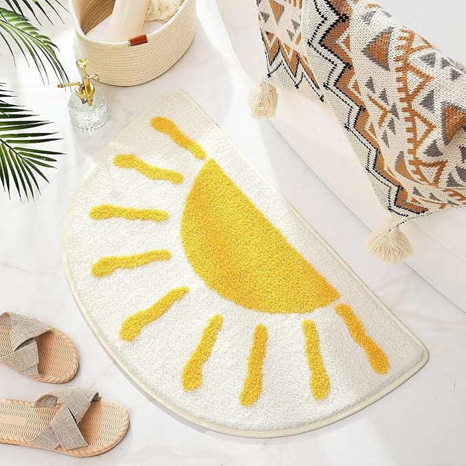 Bathroom Rugs Mat Half Circle - 35"x22" Large Cute Sun White Yellow Boho Bath Mats Non Slip, Soft Absorbent Microfiber Bohemian Rug, Semi Round Machine Washable Rubber Rugs for Floor Bedroom Bathmat