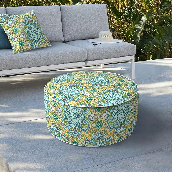 LVTXIII Indoor/Outdoor Inflatable Ottoman, D31 x H14 Inch Large Round Ottoman, All Weather Foot Rest Stool, Portable Footrest for Patio, Garden, Camping and Home - Damask Green