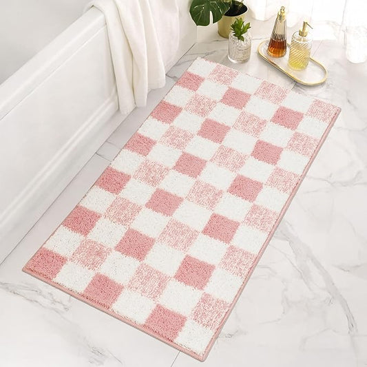 GRANNY SAYS Checkered Pink Bathroom Rugs, 48" x 24", Fluffy Rug, Absorbent Microfiber Ultra Soft Bath Mat Washable, Non-Slip Bath Mats for Bathroom, Cute Floor Mat for Tub, Shower, Bedroom