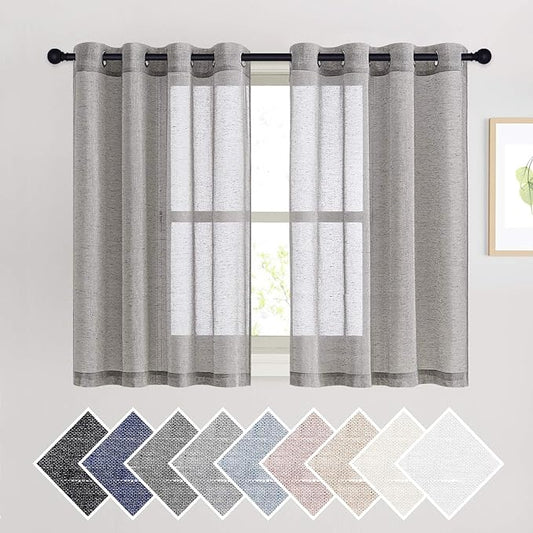 NICETOWN Charcoal Grey Solid Linen Sheer Curtains, Ring Top Thick Flax Light Reducing Wrinkle Free Linen Blend Semi Sheer Window Treatment for Kitchen/Bedroom, W52 x L45, 2 Panels