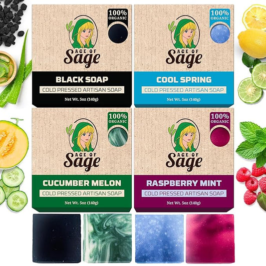 Natural Bar Soap for Men - Vegan Bath Soap Bars Gift Set - Handmade Cold Process Artisan Soap with Essential Oil, Aromatic Moisturizing Wash Soaps, Fragrant Good & Evil Scent by Age of Sage (4 Pack)