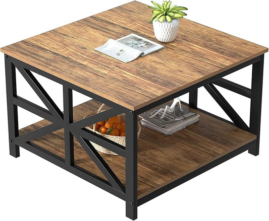 GreenForest Coffee Table with Storage for Living Room, Small Square Center Tables with Seamless One-Piece Tabletop Farmhouse Style, Walnut