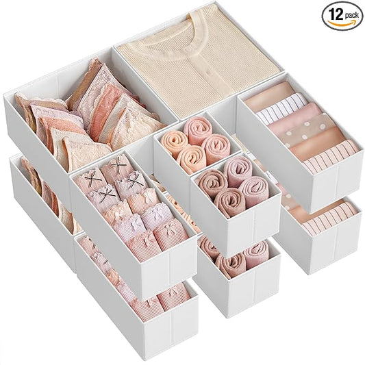 SONGMICS Drawer Organizer,Dresser Drawer Organizers, Set of 12, Foldable Fabric Storage Bins for Socks, Underwear, Bras, Ties, Scarves, Cloud White URDZ006W02