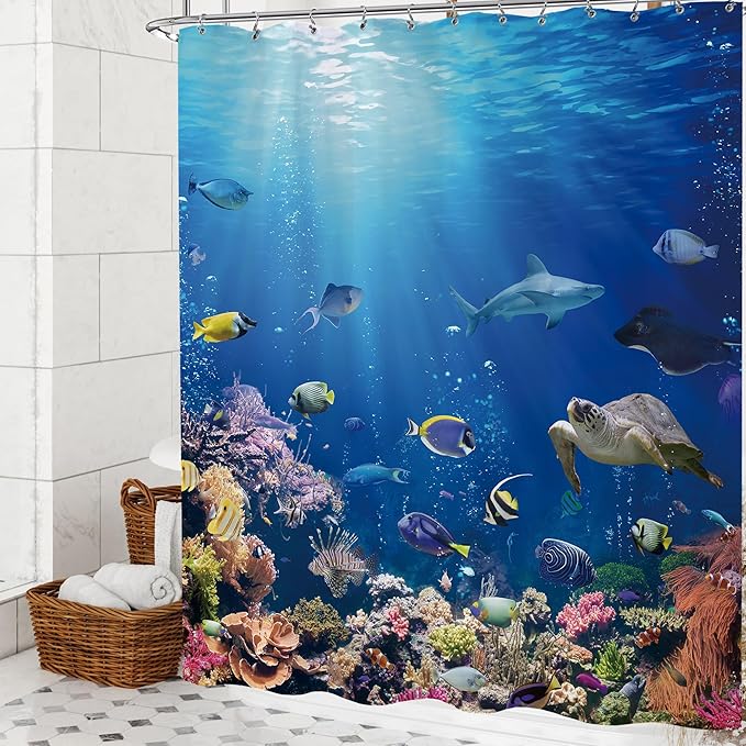 Blue Ocean Fish Shower Curtain 72x72 Tropical Marine Life Under The Sea Shower Curtain for Bathroom Modern Underwater Coral Turtle Bathtub Curtain Nature Blue Summer Beach Bathroom Decor