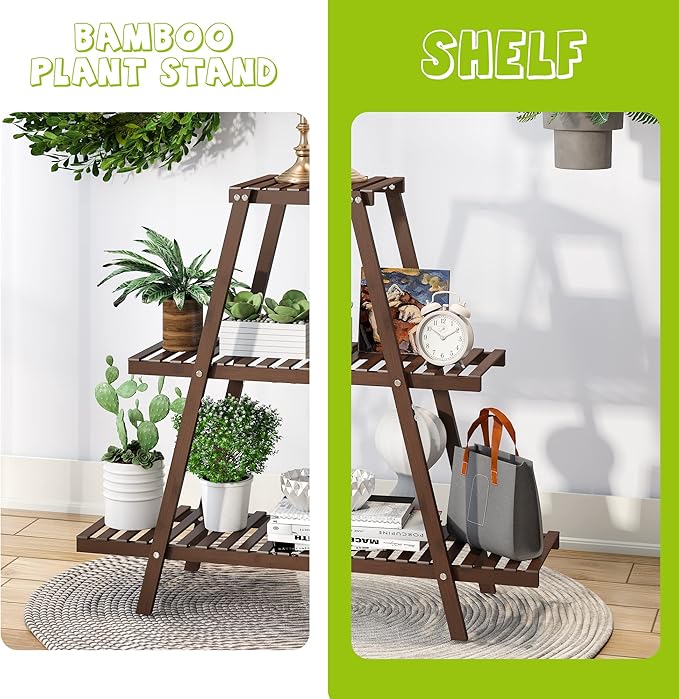 BMOSU Plant Stand Bamboo for Indoor Outdoor Tiered Plant Shelf 8 Potted Flower Holder Ladder Rack Garden Balcony Living Room Patio(3 Tier Brown)