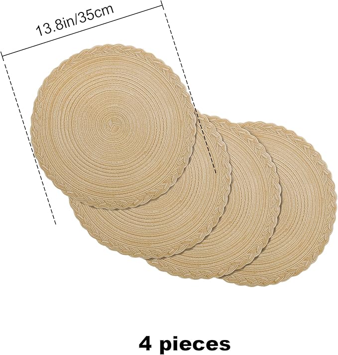 fanquare Round Woven Placemats with Braided Lace Edge 4 Pack Heat Resistant Non Slip Table Mats for Kitchen 15 Inch Cotton Blend Rustic Placemat