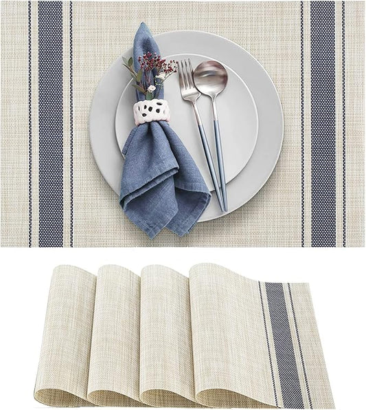 DACHUI Placemats Set of 4, Soft & Elegant Woven Vinyl Place Mats, Water Resistant, Heat Resistant, Washable, Durable Table Mats (Blue Stripes)