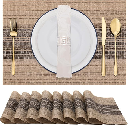 Winknowl Placemats, Set of 8 Heat Resistant Stain Resistant Woven Vinyl Insulation Place mats, Durable Washable Elegant Table Mats for Dining (Brown)