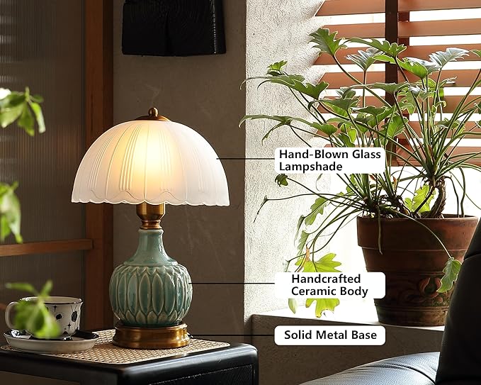 Vintage Lamp for Living Room,16" Modern Ceramic Table Lamps for Bedroom,Retro Bedside Nightstand Traditional Lamps, Classic Chinoiserie Green Lamp for Home Decor (LD002)
