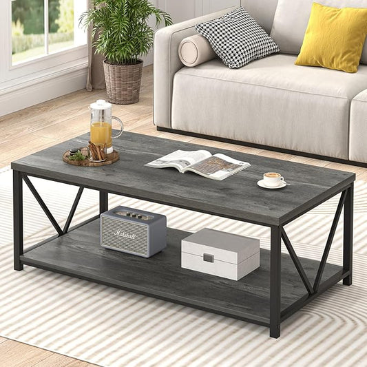 EXCEFUR Coffee Table, Rustic Wood and Metal Living Room Table, Industrial Rectangle Center Table with Storage Shelf, 47 Inch Grey