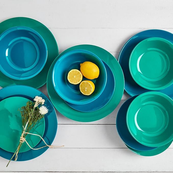 Tabletops Gallery 12 Piece Green Blue Melamine Dinnerware Set Plates Bowls for Indoor Outdoor Use, Service for 4, Tropical
