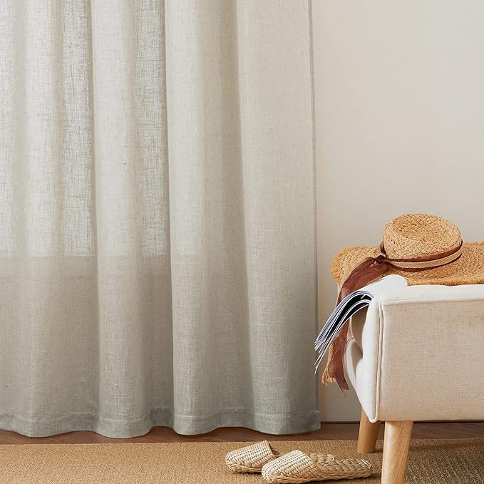 RYB HOME Linen Sheer Curtains Rich Linen Woven Soft Absorbent Drapes UV Rays Protection Light Filtering for Party Backdrop, Farmhouse, Doorway, Lobby, Hotel, W 52 x L 108 inch, 2 Pack, Angora