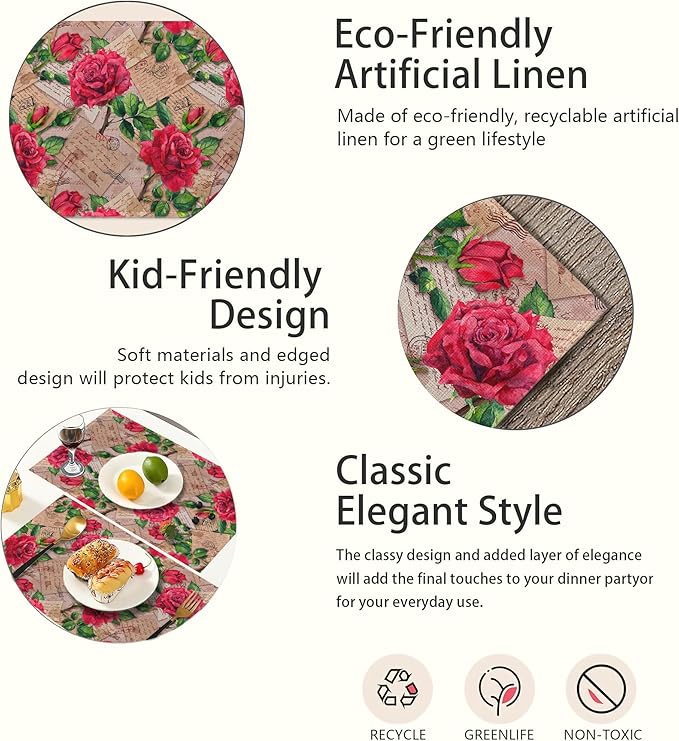 Red Rose Flower Placemats Set of 6,Stamp Vintage Linen Washable Kitchen Dining Table Mats Heat Resistant Place Mats for Home Party Indoor Holiday 12x18 Inch