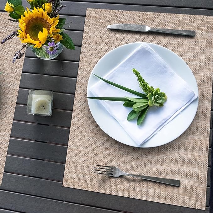 Winknowl Placemats Set of 8 Woven Vinyl Insulation Indoor Place mats for Dining Table, Washable Durable PVC Table Mats (Caramel)