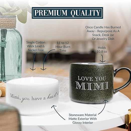 Pavilion - Love You Mimi - 4 Oz Candle & 10.8 Oz Mug Gray & Cream Neutral Stackable To: From: Tag Gift Set