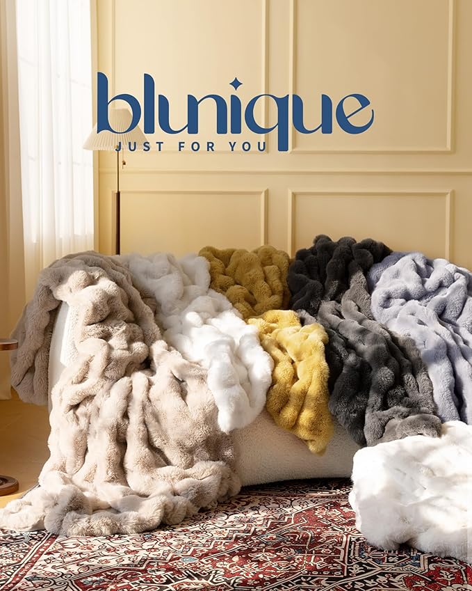 Ultra Soft Cozy Faux Fur Throw Blanket, Fuzzy Plush Thick Bubble Blanket, Oversize Luxury Fluffy Blanket for Couch, Sofa, Bedroom, and Living Room, Gifts for Women and Girls, 50x60 Inches, Dark Yellow