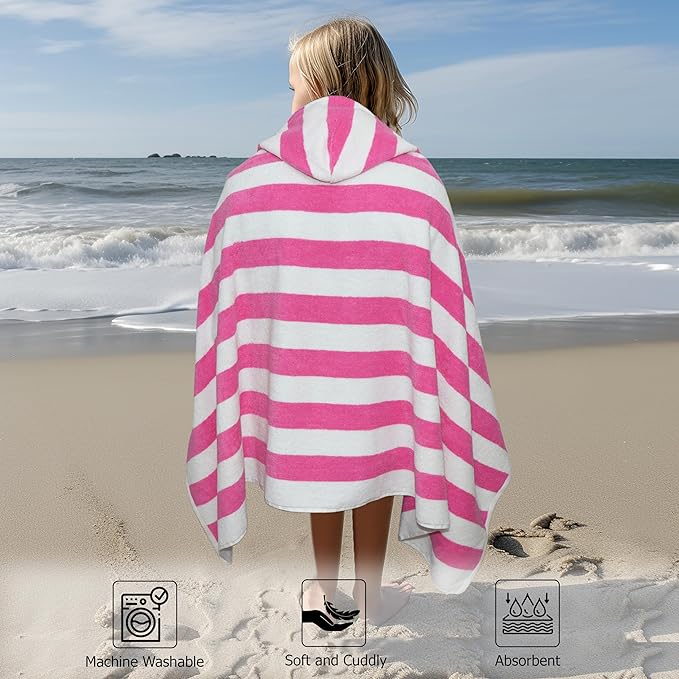 Hooded Bath Towel Wrap - 100% Cotton Terry Large Oversized Hooded Kids Towel - Toddler Shower Pool Beach Towel - Soft Plush Absorbent Quick Dry Easy Care Gift -30x60- Cabana Stripe Pink