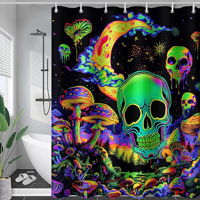 AILONEN Mushroom Skull Shower Curtain for Bathroom, Green Starry Moon Skull Bath Curtain,Fantasy Fungus Skeleton Decor Bathroom Waterproof Curtain with 12 Plastic Hooks, 36" W*72" H