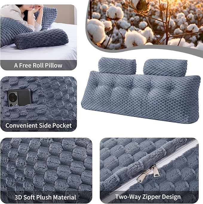 Wedge Headboard Pillow - Bed Wedge Pillow for Headboard Triangular Headboard Pillow with Neck Roll Pillow-Large Bolster Pillow for Sitting in Bed Backrest Positioning Support (Grey,39x8x20 Inches)