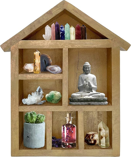 Artisan Crystal Shelf Display - Natural Wood Shelf for Crystals, Gems, Oils & More - Kids Room Boho Style Crystal Display Shelf for Energy, Mindfulness & Peace