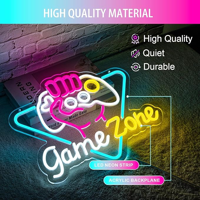 Game Zone Neon Sign Dimmable Gamer Neon Signs Gaming Led Signs for Game Room, USB Powered Colorful Neon Gaming Signs for Boys Room, Teen Room, Gifts for Gamer(15.3”x12.5”)
