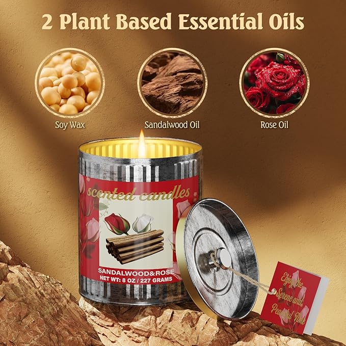 Vintage Scented Candles Gift Set (2 x 8 oz) - Sandalwood & Rose Aromatherapy Candle, Natural Soy Wax Candle, (2 x40) Hours Burn, 8% Fragrance Oil, Holiday Gifts for Home Decor, Relaxation & Christmas