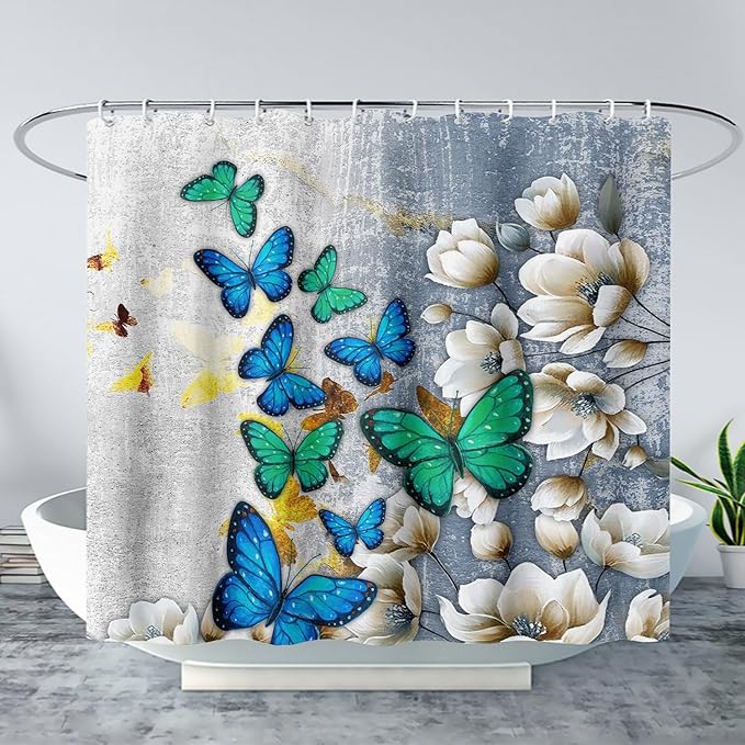 AILONEN Colorful Butterfly Shower Curtain for Girls Women Retro Flower Butterfly Bathroom Decor,Flying Butterfly Vintage Bath Curtain 72" W*78" H Polyester Waterproof Bathroom Curtain with 12 Hooks