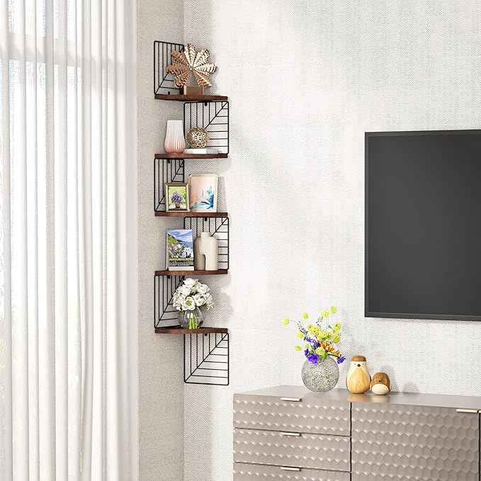Love-KANKEI Corner Shelf Wall Mount of 5 Tier, Rustic Wood Floating Shelves Wall Shelves for Bedroom Living Room Bathroom Kitchen Office and More Dark Walnut