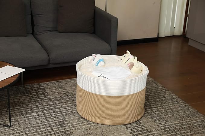 24" x 24" x 17" Max Size Large Cotton Rope Basket, Extra Large Storage Basket, Woven Laundry Hamper, Cloth Storage Bin, for Blankets Clothes Towels Pillows in Living Room, Beige