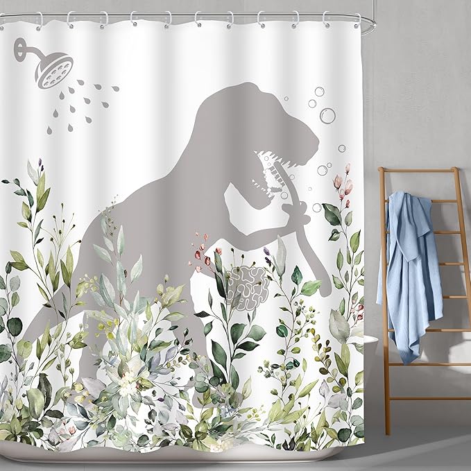 LGhtyro Dinosaur Eucalyptus Kids Shower Curtain Bathroom Set 60Wx71H Inches Funny Dino Bathing Silhouette Rustic Plant Leaves Floral Bath Accessories Botanical Leaf Art Home Decor Fabric 12 Pack Hooks