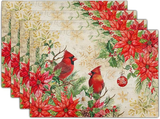 Winter Red Birds Placemats Set of 4 Xmas Holly Berry Pine Cones Place Mat for Kitchen Dining Decor 12 x 18 Inch Watercolor Poinsettias Linen Fabric Table Mats for Home Holiday Seasonal Party