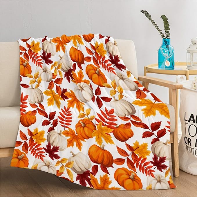 Fall Throw Blanket - Pumpkin Maple Leaf Autumn Blanket - Thanksgiving Fall Decor Gift - Ultra Plush Cozy Lightweight Thanksgiving Pumpkin Blanket for Sofa,Bed,Couch - 30"x40"-Toddlers/Crib Size