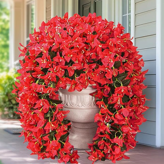 4 Pcs UV Resistant Artificial Flowers for Outdoors, Realistic Faux Silk Bougainvillea Flowers, Fake Hanging Plants for Porch Patio Balcony Decoration (Red)