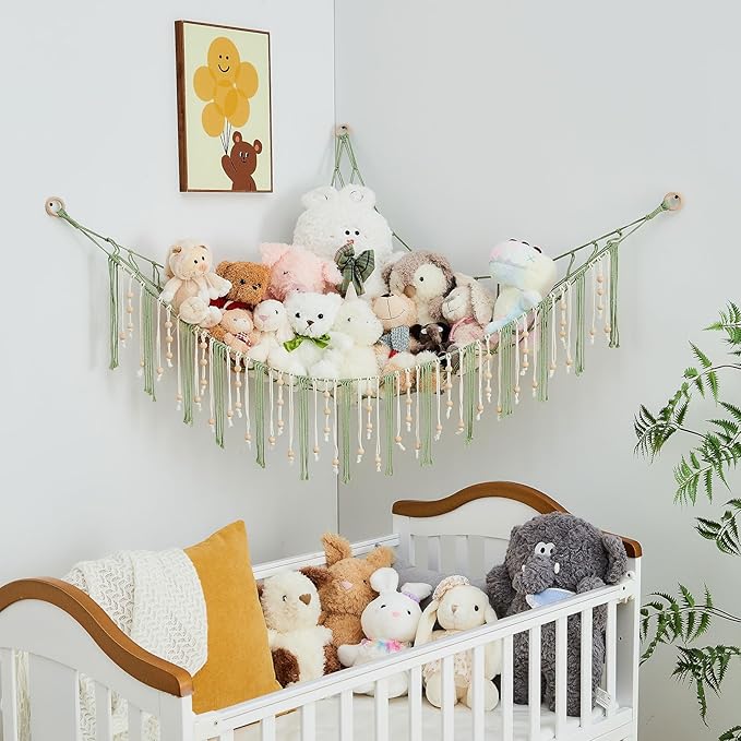Pretty Jolly Stuffed Animal Storage Hammock with Wooden Beads Corner Hanging Net Boho Tassel for Toy Plush Holder for Kid Room Nursery Decor Wall Display Organizer for Girls Boy Gift(Sage Green)