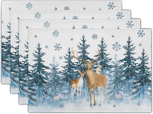 Watercolor Forest Reindeer Placemats Set of 4 - Blue Pine Tree Winter Snowflakes Non-Slip Washable Cloth Place Mats 12 x 18 Inch Reusable Table Mats for Kitchen Dining Holiday Decoration