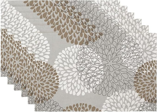 QIYI Boho Placemats Set of 6, 12x18 Inch Linen Fabric Place Mats for Kitchen Dinning, Farmhouse Rustic Floral Cloth Table Mats, Washable Placemat Party Table Décor, Brown Floral Burst
