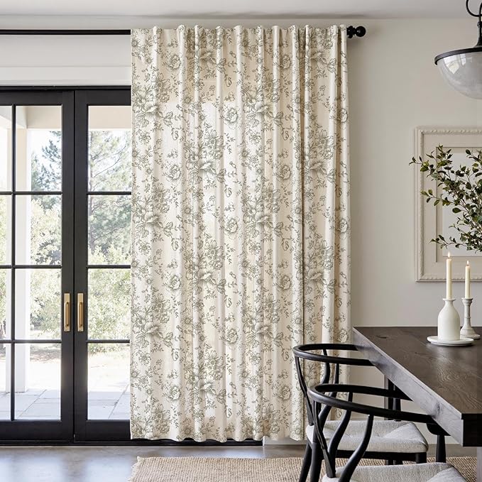 jinchan Linen Floral Curtains Extra Wide for Patio Sliding Glass Door Room Divider Curtain for Living Room 90 Inch Length Farmhouse Peony Green Printed Curtain Set 1 Panel