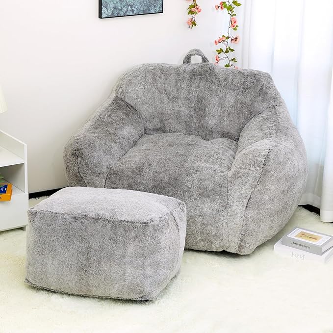 HollyHOME 15"(H) Bean Bag Ottoman Pouf, 6.6LB Memory Foam Filled Footstool for Sofa, Accent Stuffed Footrest Stool with Washable Cover, Single Footrest Stool for Living Room, Bedroom, Coffee