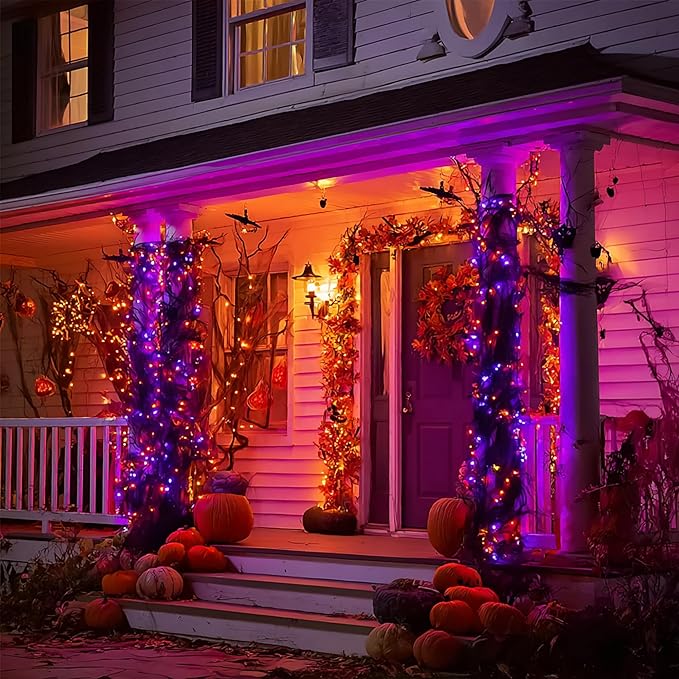 Dazzle Bright Halloween String Lights, 600 LED 196 FT Waterproof Green Wire String Lights with 8 Lighting Modes, Halloween Decorations Outdoor for Party Yard Garden Decor, Purple and Orange