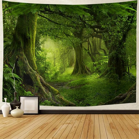 Misty Forest Tapestry Green Tree in Jungle Forest Tapestries Wall Hanging Nature Scenery Woodland Backdrop for Living Room Bedroom