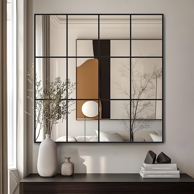 Antok Decorative Mirrors for Wall Decor, 36" x 36" Decorative Wall Mirror Black Window Mirrors Wall Mounted Decorative Mirror for Living Room Dining Room Hallway Entryway，Black,Retro Rect Style